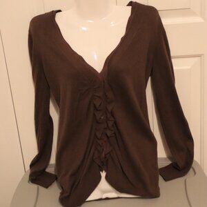 Loft Cardigan Sweater Brown Women Medium Ruffled Front Button Down Cotton/Rayon